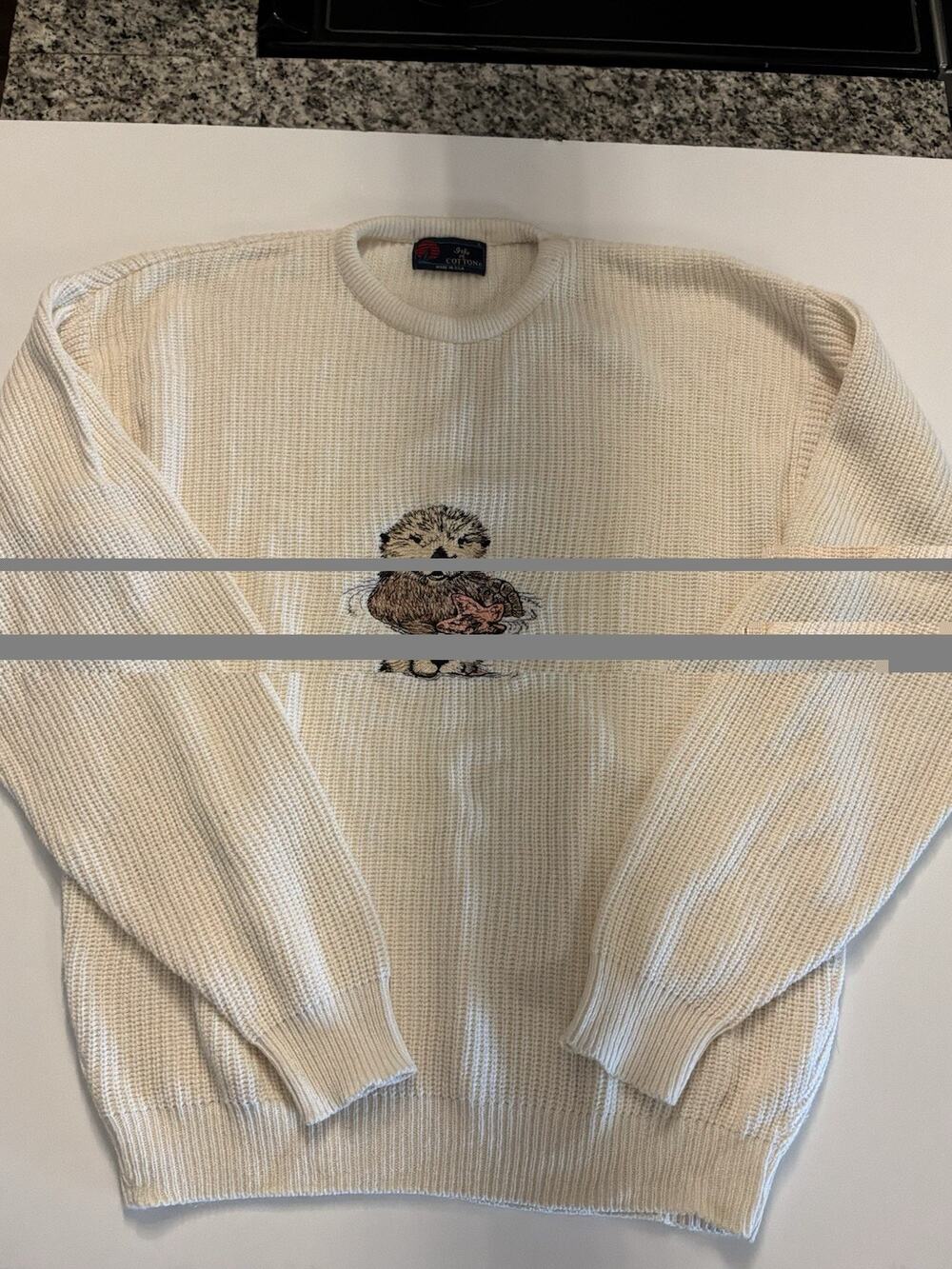 Vintage Isle of Cotton Sea Otter Sweater Embroidered Knit Size Large